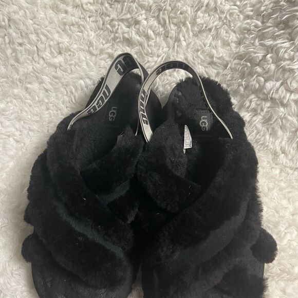 UGG Disco platform Cross Genuine Shearling Fuzzy Black Slide Sandals SZ10 . - Picture 7 of 16